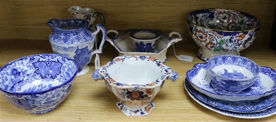 A Cauldon transfer-printed blue and white jug and sugar bowl and sundry other English ceramics,